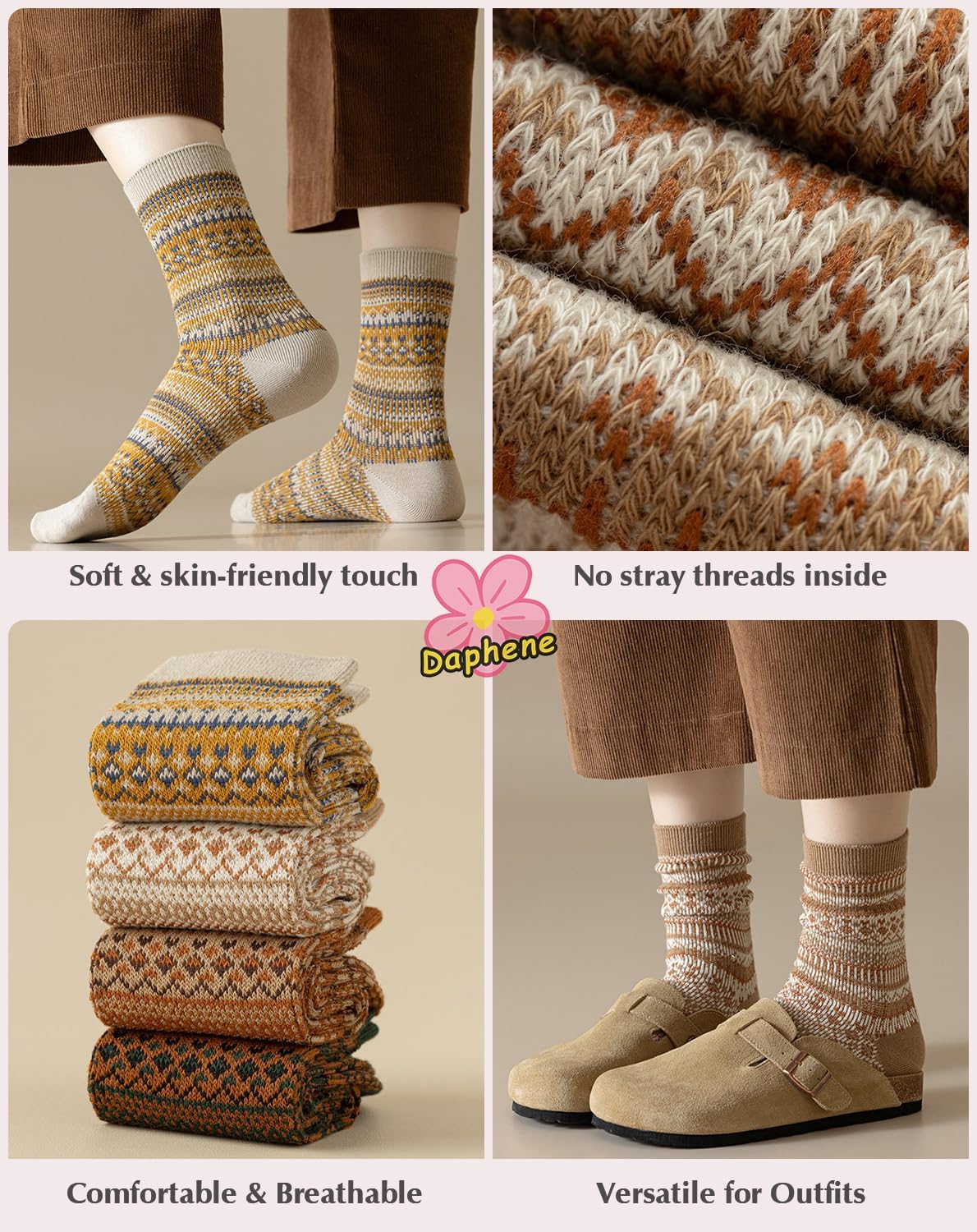 Daphene Women's Ethnic Vintage Socks | Premium Combed Cotton Warm | Retro Patterns Breathable Stretch Design | Holiday Gifts - Image 2