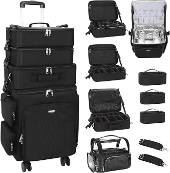 Relavel Rolling Makeup Case, 4 in 1 Hairstylist Traveling Bag with Clear Makeup Brush Case, Cosmetology Case on Wheels Large Hair Tools Cosmetics Train Case Makeup Artist Storage Organizer Trolley