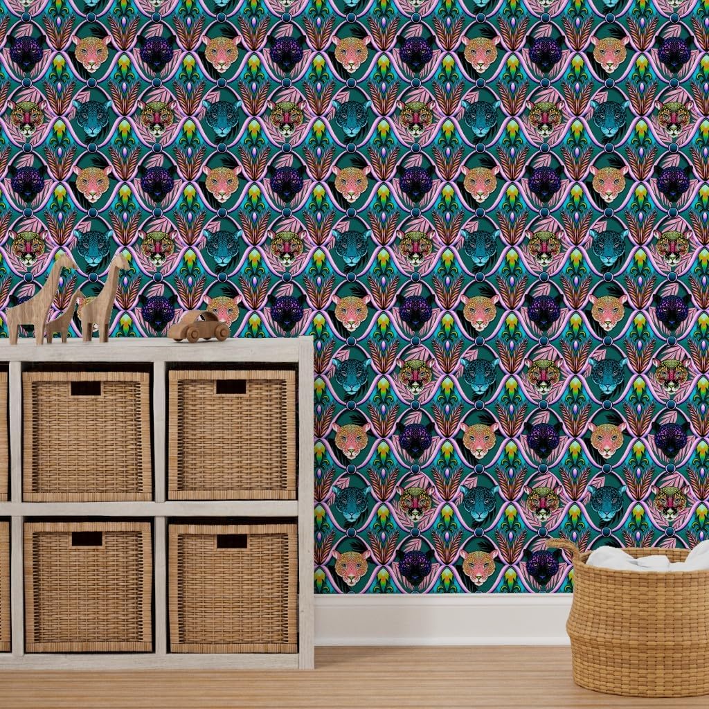 Spoonflower Peel & Stick Wallpaper 3ft x 2ft - Maximalist Neon Ogee Teal Retro Leopards Tropical Jungle Animal Print Custom Removable Wallpaper