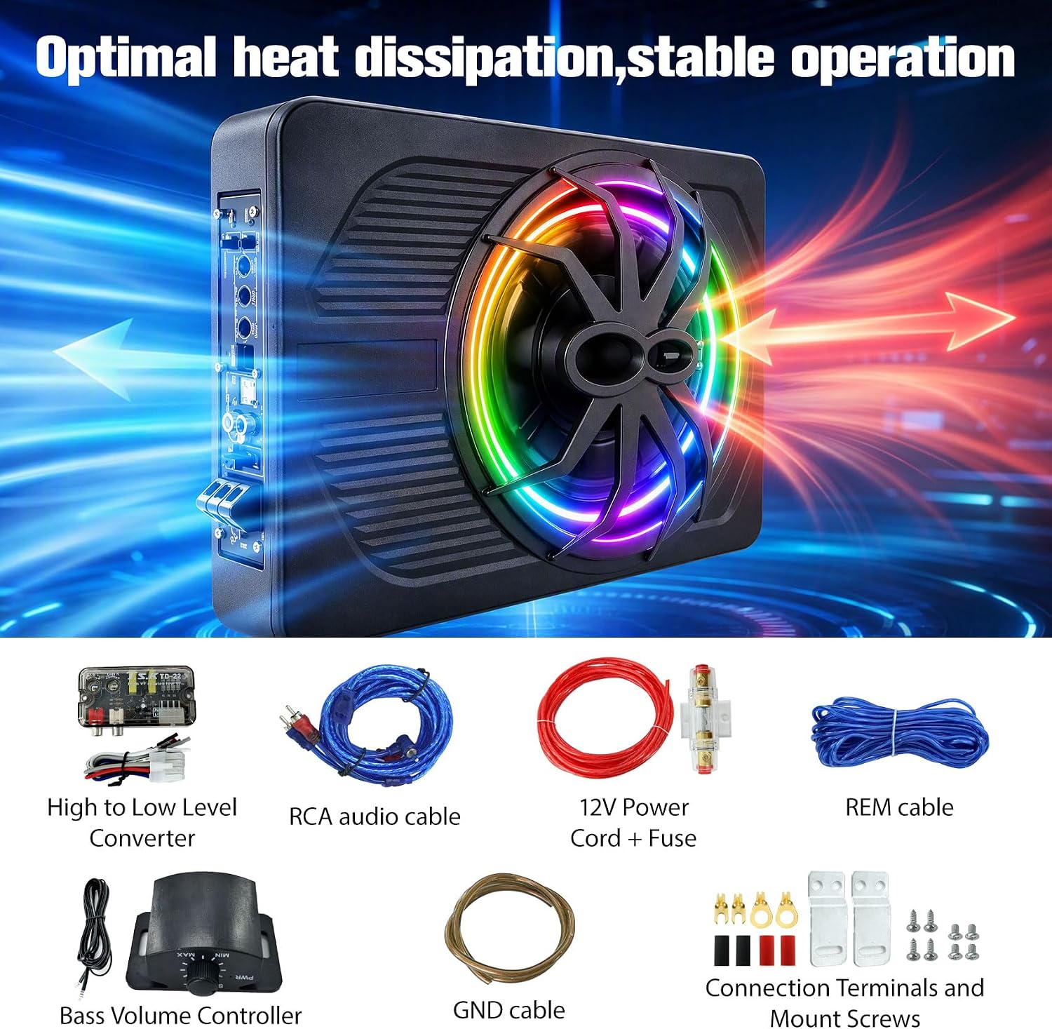 10"1200W Under Seat Subwoofers With Amp,All-in-One Subwoofer And Amp Package With RGB Light&Robust Cooling,Individual Control for Low Pass/Gain/Boost Bass,Perfect Deep Bass for Car/Truck/SUV/Jeep/MPV