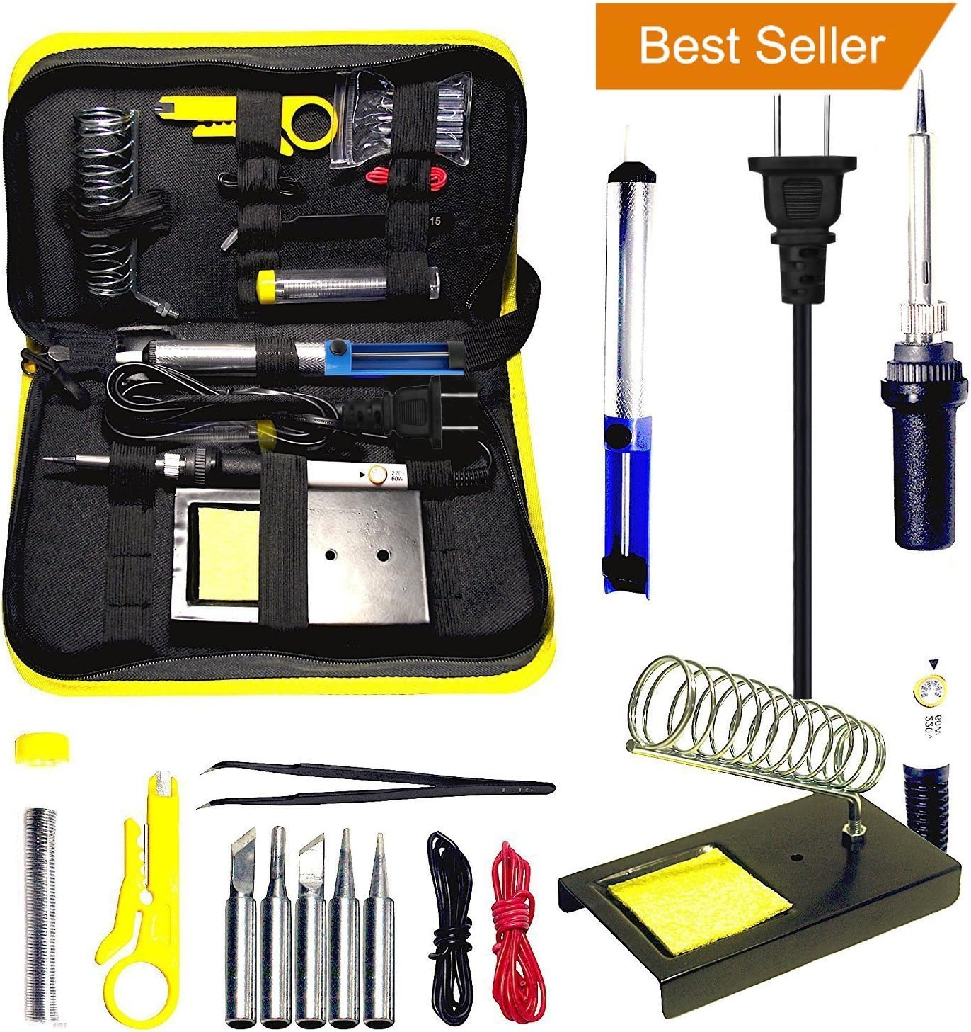 Magneto's Superb 14 Pieces Set Soldering Iron Kit 60w - 220v -Adjustable Temperature -Welding Soldering Iron Electric Soldering Iron Gun With 5 Various Tips, Solder Wire, Tweezers, Desoldering Pump, Wire Stripper Cutter, 2PCS Electric Wire, Iron Holder. Bonus E-BOOK Included. (white)