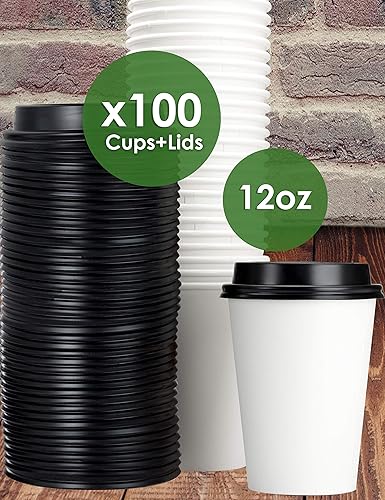 Miniatura 2 de Tazas de café de papel blancas de 12 onzas con tapas de cúpula reciclables, 100 unidades. Juego de vasos desechables sin BPA para servir té caliente