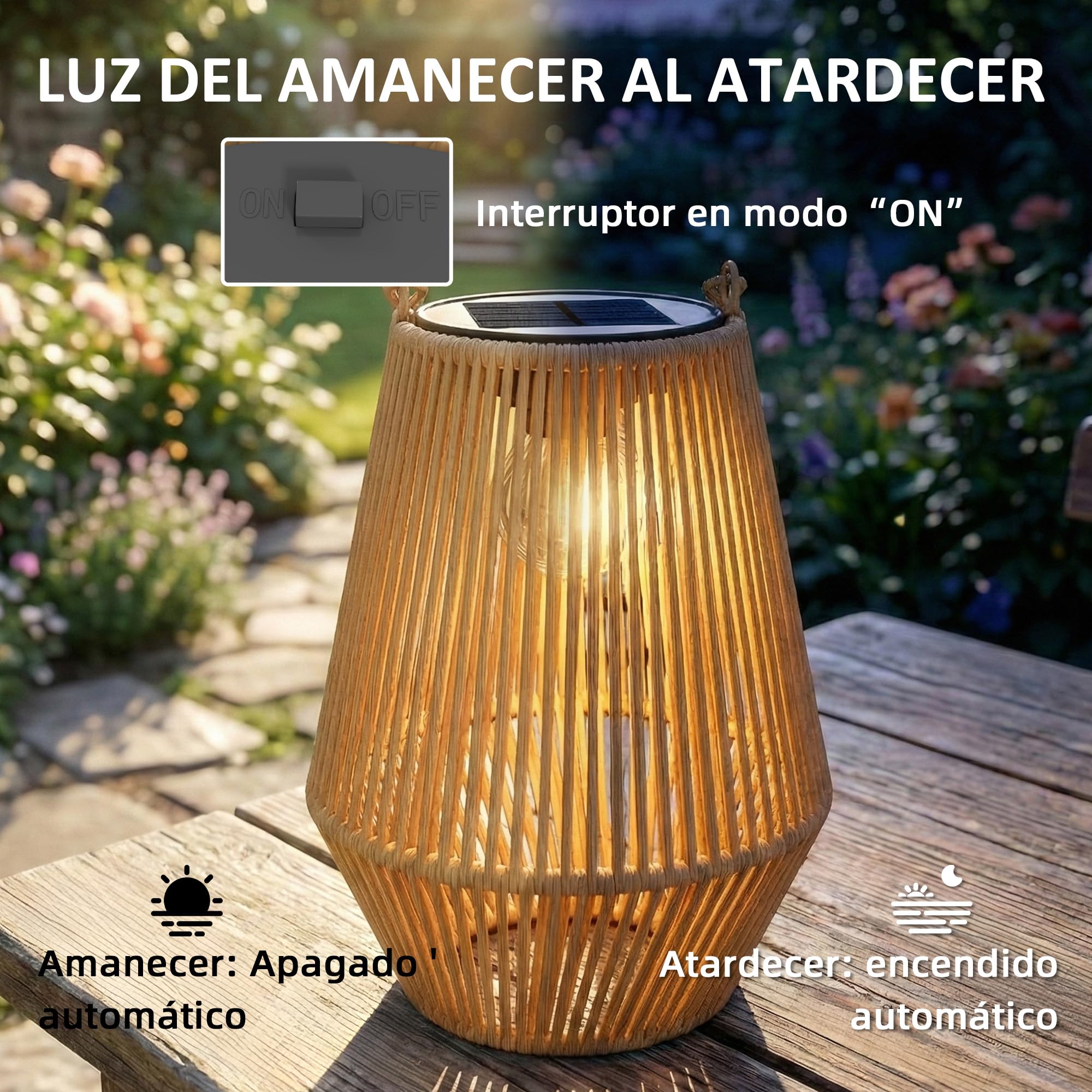Outsunny Set de 2 Farolillos Solares Exterior, Linternas de Jardín de Ratán Colgantes con Encendido y Apagado Automático, IP44, Asa, Lámparas para Terraza, Balcón, Patio, 16x16x21 cm, Marrón