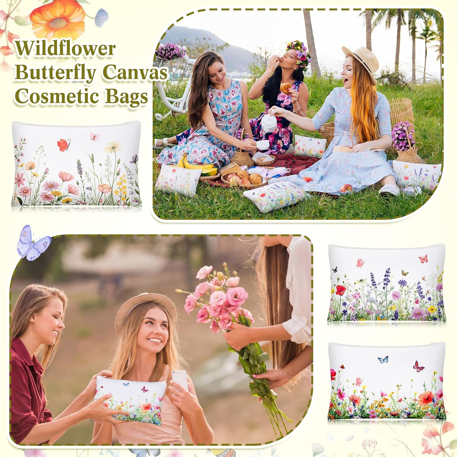 12 Pcs Wildflower and Butterfly Makeup Bags Canvas Cosmetic Bags Bulk 9 x 6 Inches Pencil Pouch with Zipper Travel Toiletry Pouch for Women Summer Holiday Party Favor Gift
