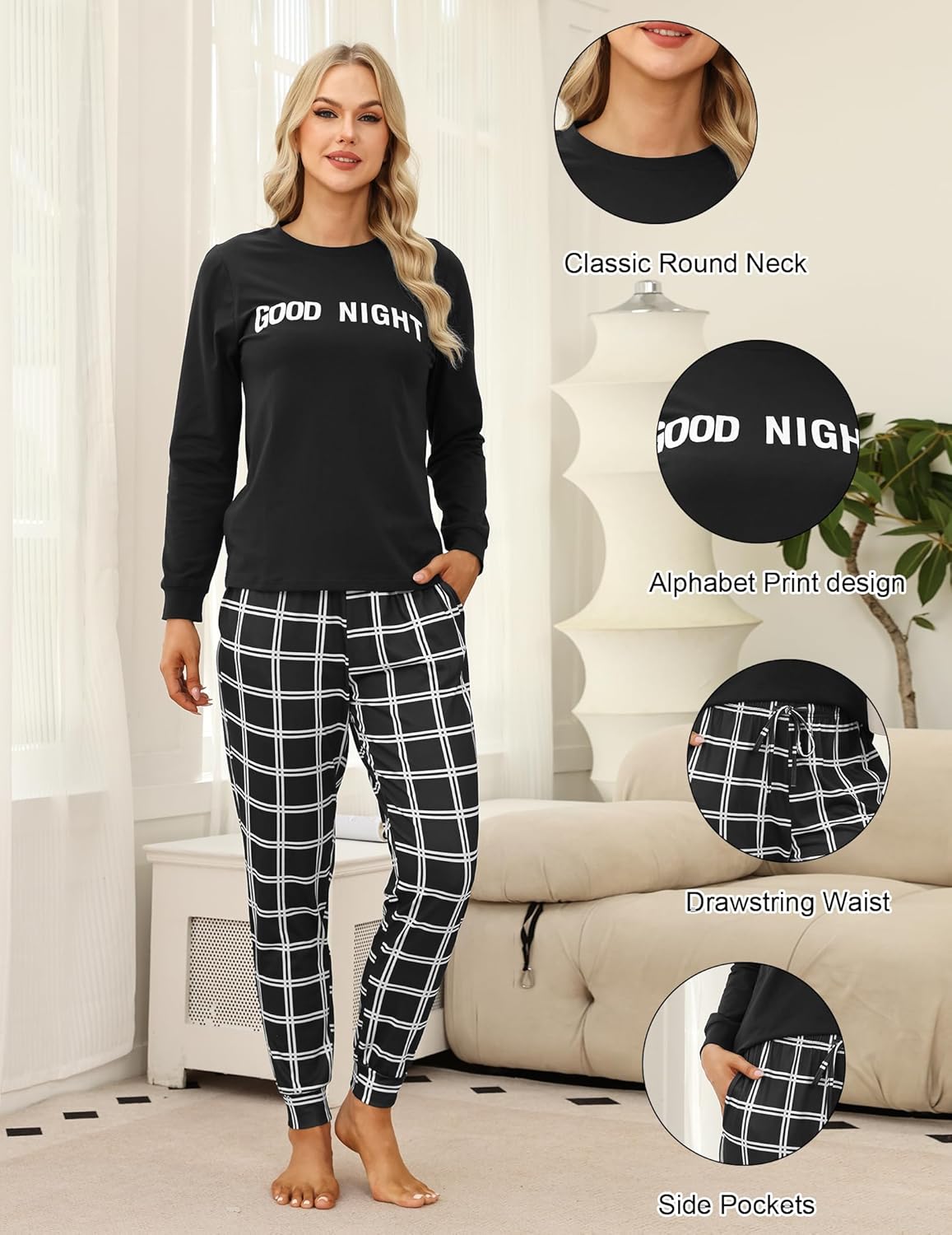 Cotton Pajamas for Women Set Soft Women's Long Sleeve Pajamas Set with Check Jogger Pants Lounge Set with Pockets - Image 5