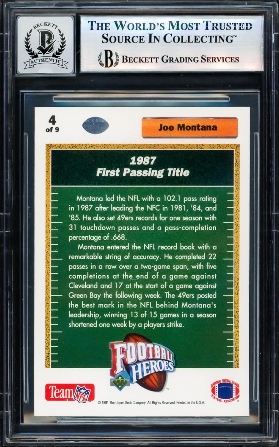 Joe Montana Autographed 1991 U.p.p.e.r D.e.c.k Heroes Football Card #4 Auto Grade Gem Mint 10 Beckett BAS #17604089