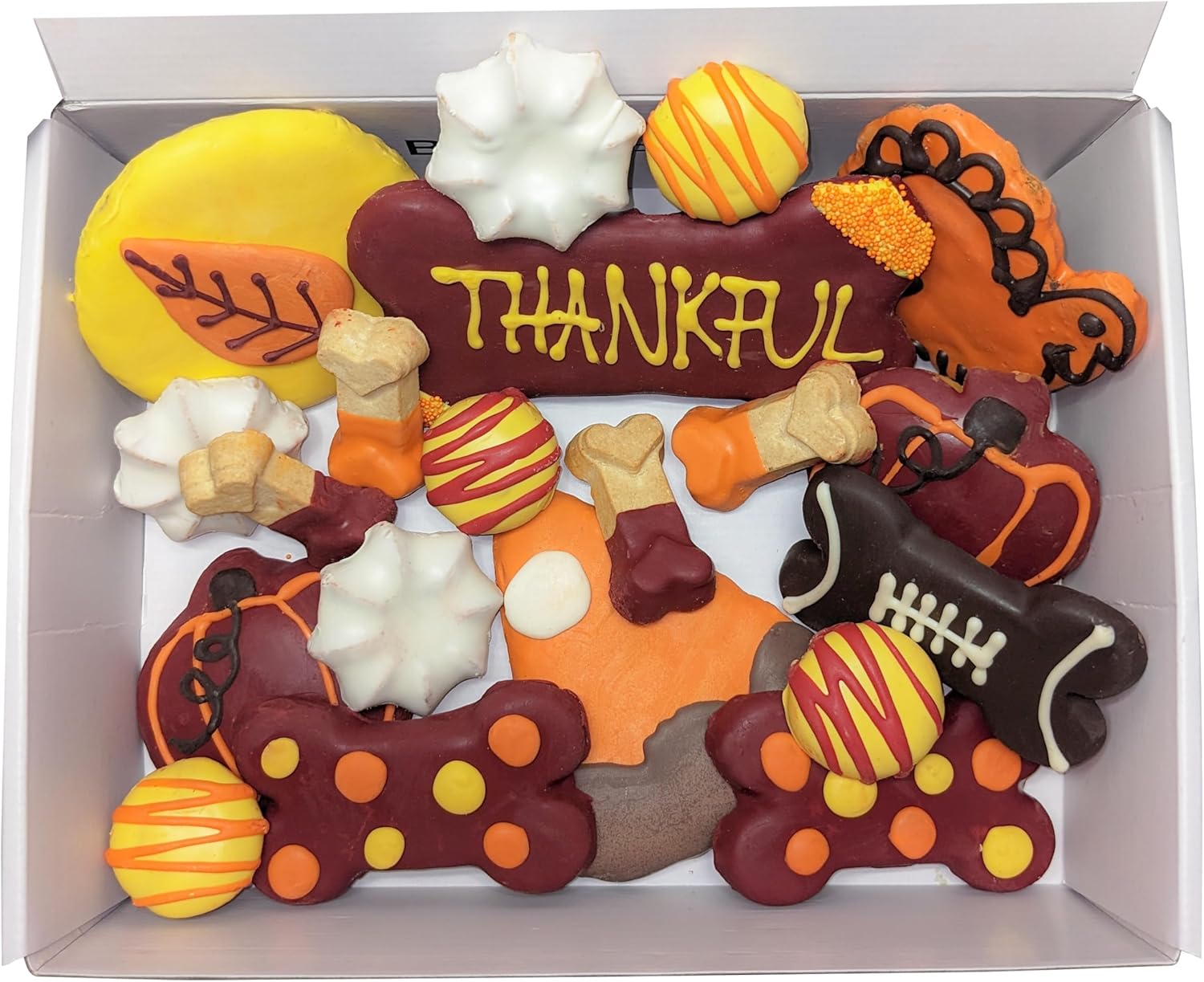 Bonne et Filou Thanksgiving Dog Treats, Gourmet Gift Box, 22 Festive Fall Themed Macarons, Truffles & Bone Cookies, Healthy Snacks for Medium to Large Dogs (22 Count)