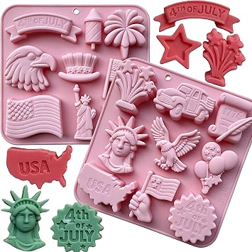4th of July Silicone Molds, Patriotic Independence Day Candy Chocolate Molds, USA Flag, Statue of Liberty, Eagle, Firework Shapes, Food Grade Silicone Trays for Cake Decor, Resin, Soap, Candle Making
