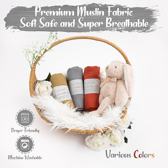 Organic Muslin Swaddle Blankets, 100% Organic Cotton, Baby Wrap for Boys and Girls, Soft Breathable and Skin-Friendly, Newborn Blankets, Baby Essentials, Registry&Gift, 3-Pack, Large 47 x 47 inches