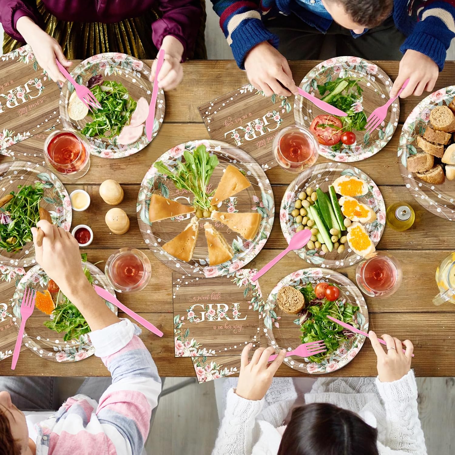 Avezano 192 Pcs Rustic Girl Baby Shower Party Decorations A Sweet Little Girl is on Her Way Baby Shower Party Tableware Set Disposable Floral Plates Napkins Cups for 24 Guests