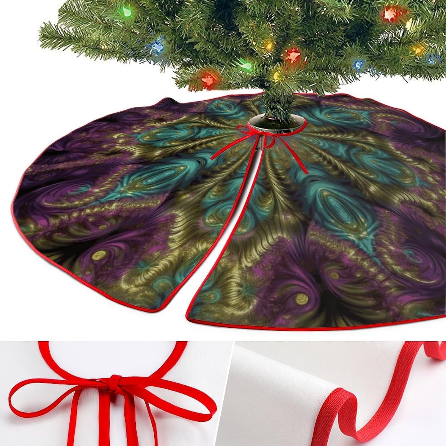 Christmas Tree Skirt,for Xmas Tree Holiday Party Decorations Fractal Art Printed Christmas Tree Mat Red Lace-up Christmas Tree Dress