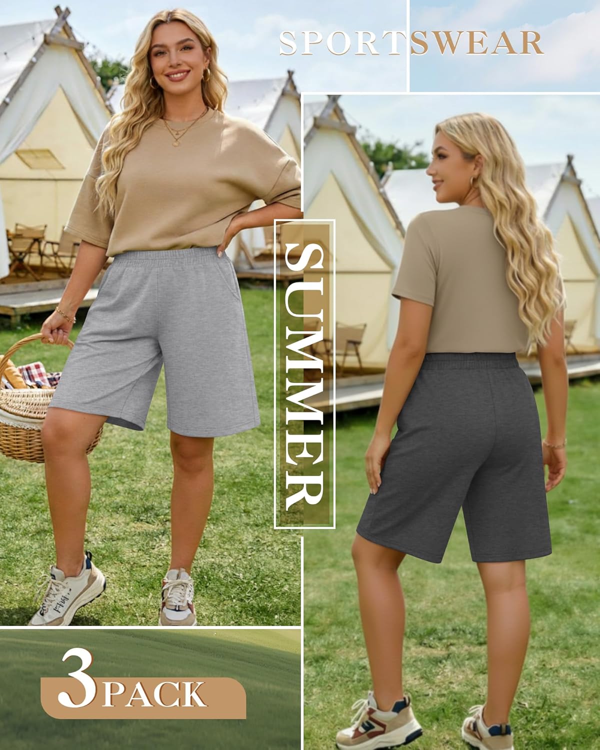 3 Pack Women Plus Size Bermuda Shorts Elastic High Waisted Casual Pants with Pockets Loose Summer Lightweight Shorts