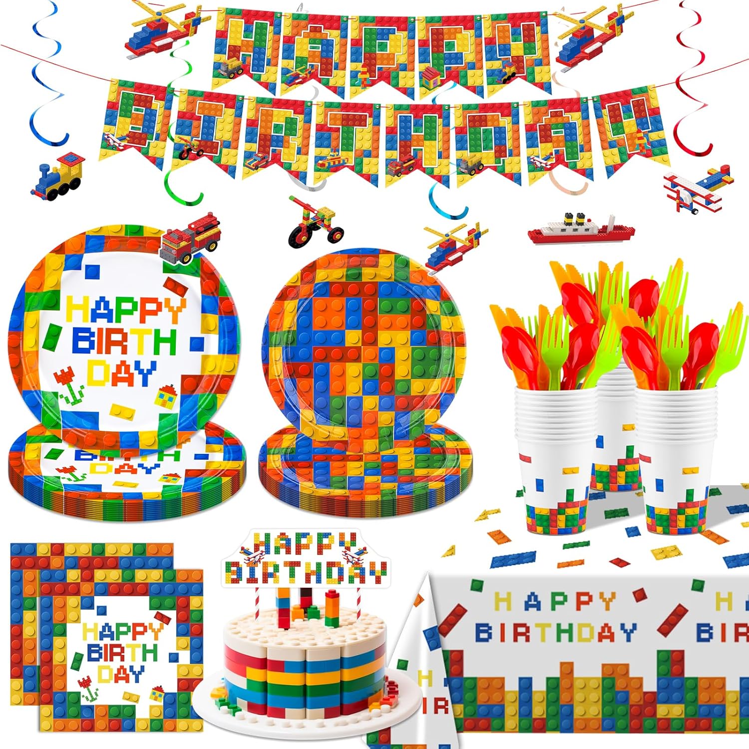 197 Pcs Building Blocks Birthday Party Set with Backdrop, Tablecloth, Banner, Brick Cake & Cupcake Toppers - Complete Building Block Party Supplies for Kids’ Themed Celebration, Serves 20