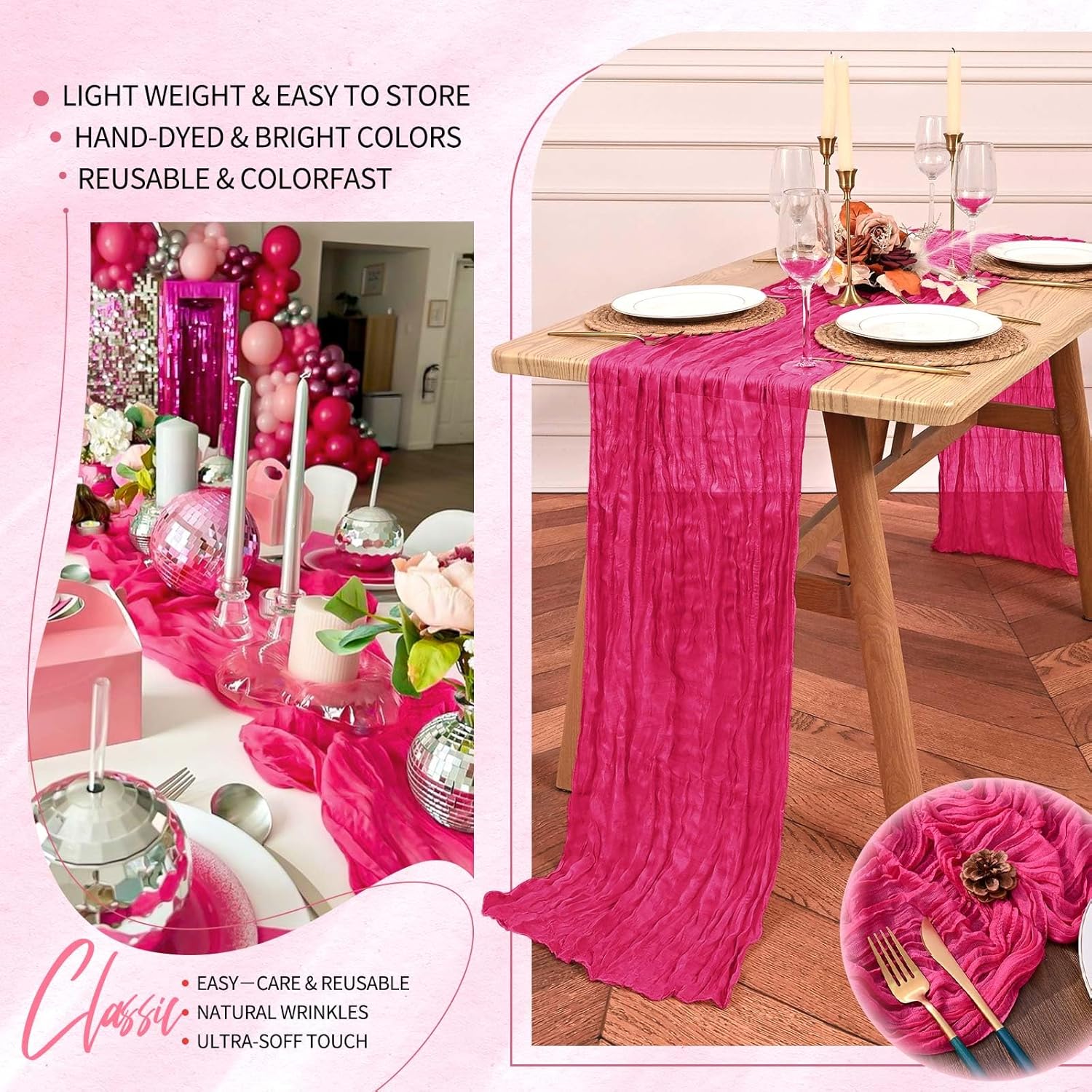 10 Pack Hot Pink Cheesecloth Table Runner 10FT Boho Gauze Cheese Cloth Table Runners Romantic Rustic Sheer Table Decorations for Wedding Party Baby Shower Birthday Holiday Home
