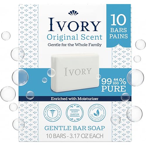 Ivory Gentle Bar Soap, Designed for Whole Family, 99.44% Pure Formula, Plant-Based Cleanser, Made Without Heavy Perfumes, Parabens & Phthalates, for All Skin Types, Original Scent, 3.17 oz (10 Count)