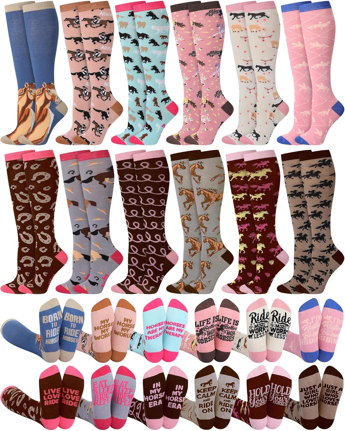 Xtinmee 12 Pairs Funny Horse Riding Socks for Women Girls Novelty Cotton Equestrian Knee High Socks Western Birthday Gift for Horse Lovers