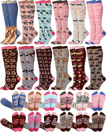 Xtinmee 12 Pairs Funny Horse Riding Socks for Women Girls Novelty Cotton Equestrian Knee High Socks Western Birthday Gift for Horse Lovers