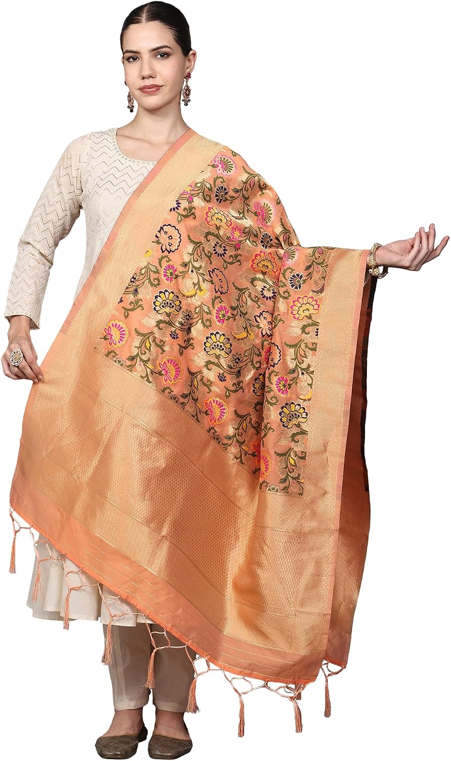 Exotic India Brocade Dupatta from Gujarat with Woven Floral Motifs All-Over