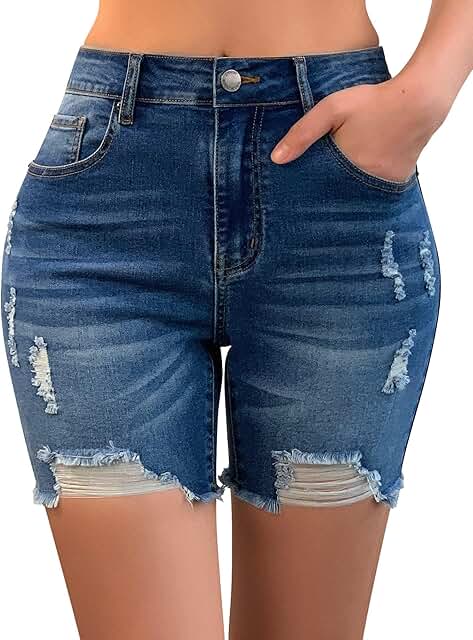roswear Women’s Casual Summer Ripped High Waisted Shorts Stretch Distres...