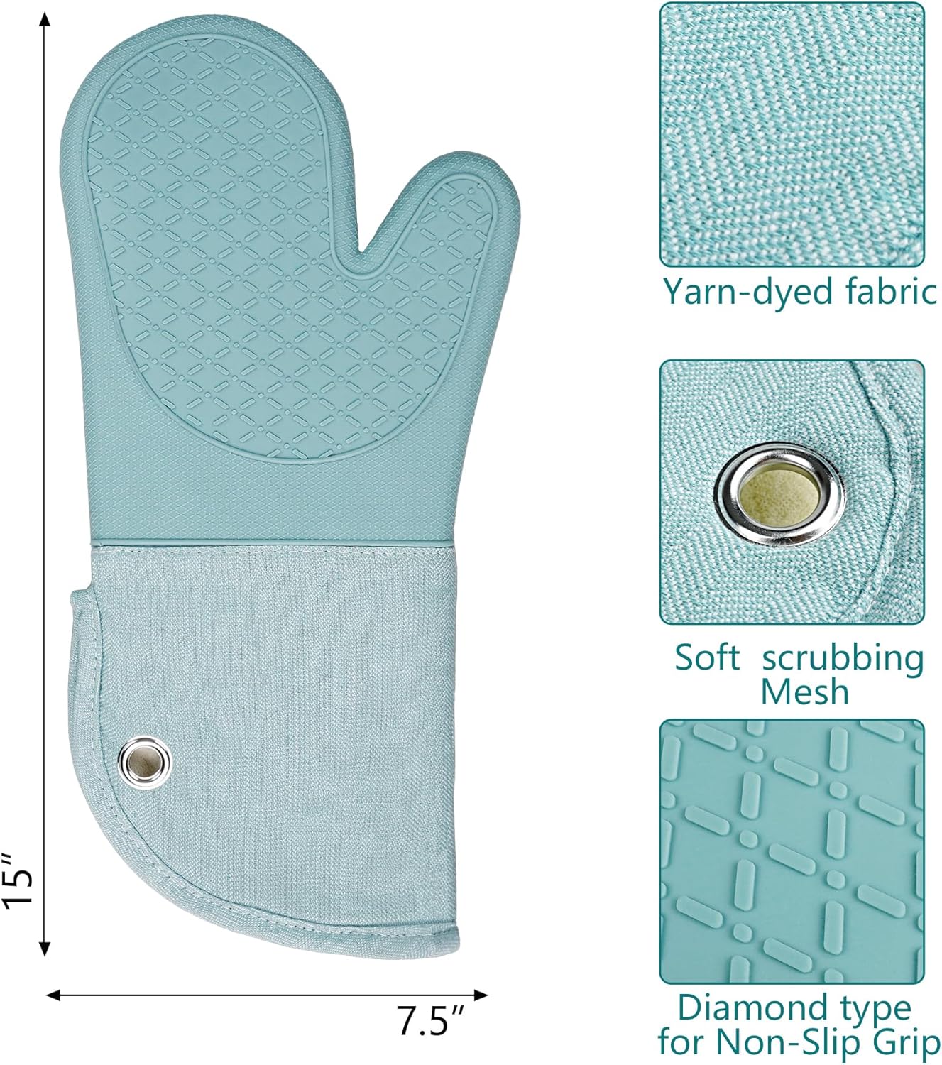 Professional Microwave Silicone Oven Mitts one Pair, Kitchen Mitten Set for Heat Resistant with 500 Degrees, Kitchen Gloves Pot Holder for BBQ Cooking Baking (Light Blue) - Image 2