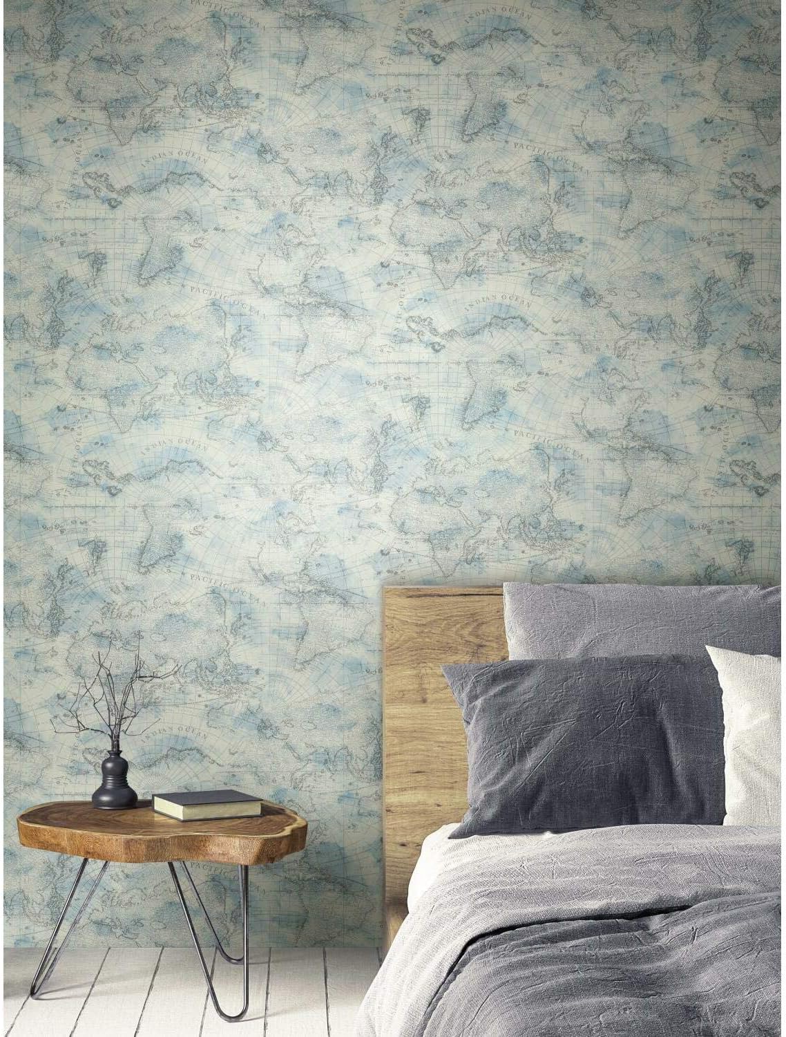 York Wallcoverings PSW1131RL Coastal Map Blue & Grey Premium Peel and Stick Wallpaper