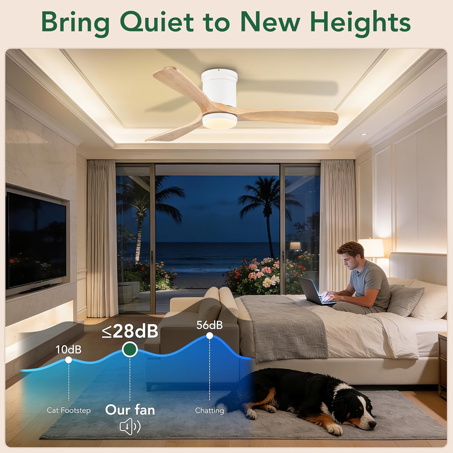 52 Inch Flush Mount Ceiling Fans with Lights, Low Profile Smart Ceiling Fan with Alexa & Remote Control, White Natural Wood 3 Blades Indoor Outdoor Ceiling Fans for Bedroom Patio