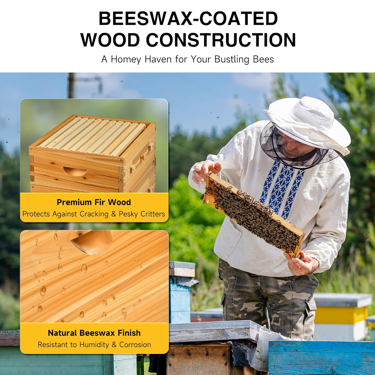 20 Frame Bee Hive, Bee Hive Boxes Starter Kit with Medium Box & 2 Deep Boxes, Frames and Foundations Included with the Beeswax-Coated Beehive, Langstroth Bees Hives Box with Transparent Acrylic Window