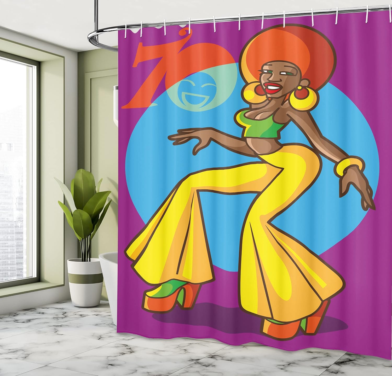 Ambesonne 70s Party Shower Curtain, American Woman Dancing at The Disco Funky Fashion with Smiling Face Art, Cloth Fabric Bathroom Decor Set with Hooks, 69" W x 70" L, Purple Sky Blue Yellow
