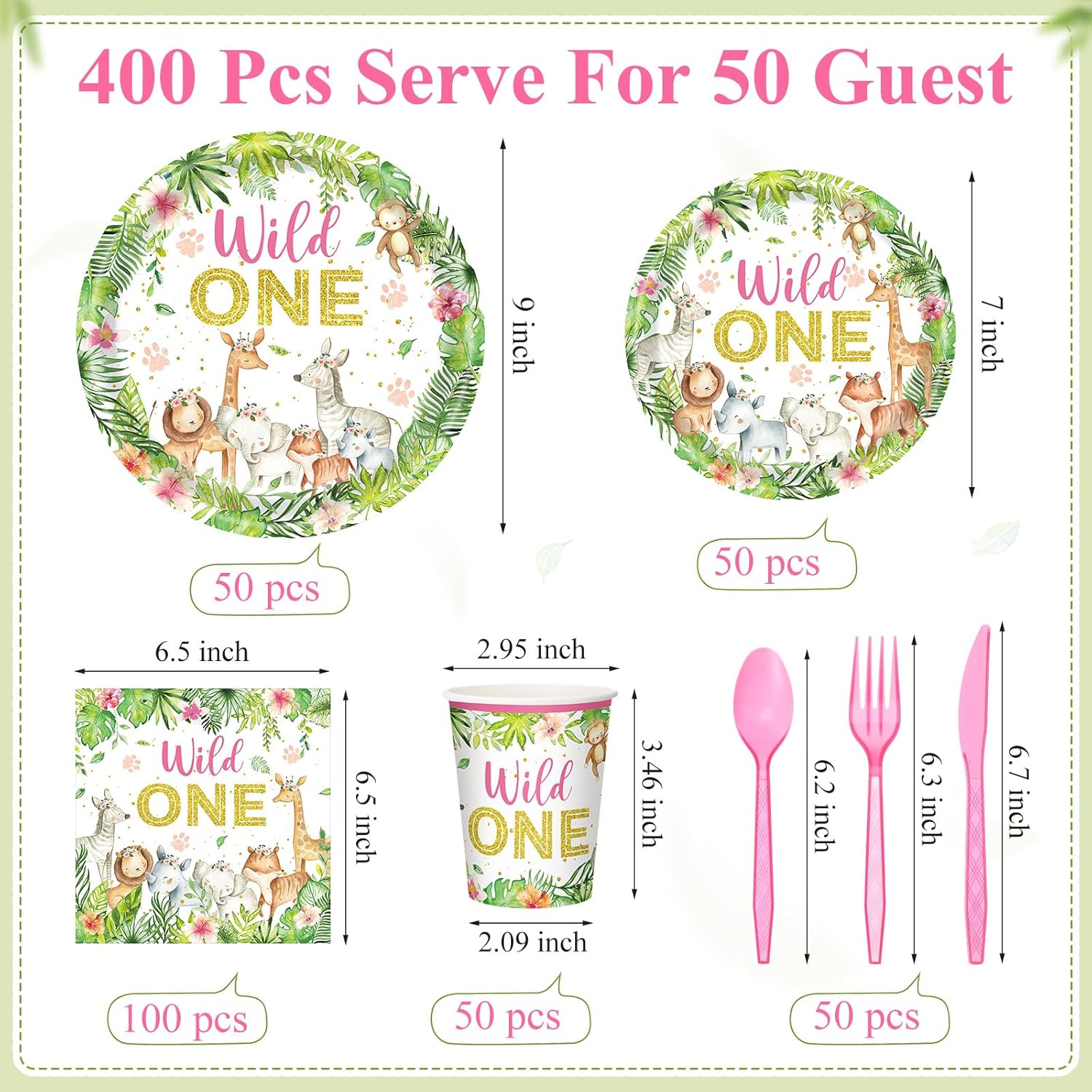 400 Pcs Wild One Birthday Party Supplies for 50 Guests 1st First Safari Jungle Baby Shower Disposable Plate Napkin Cup Spoon Fork Knives for Girls Animal Party Decoration