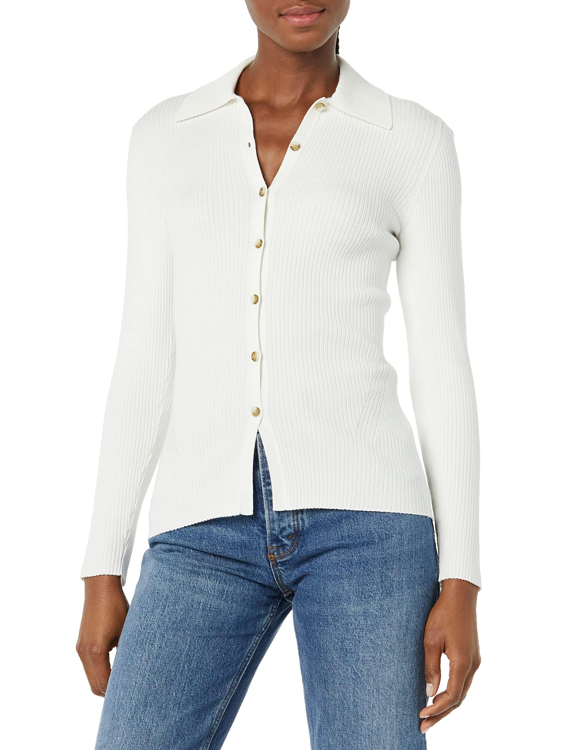 Amazon Essentials Women's Fine Gauge Stretch Polo Ribbed Cardigan, Ivory, XS