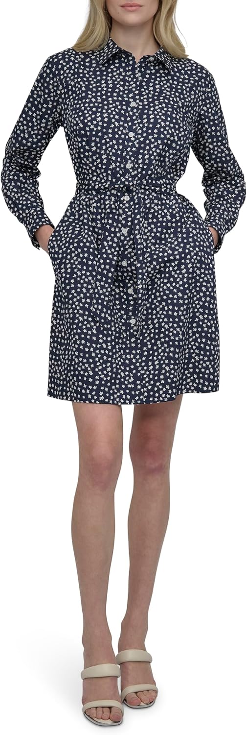 DKNY Womens Long Sleeve Collared Tie Fit & Flare Mini Dress - Image 7