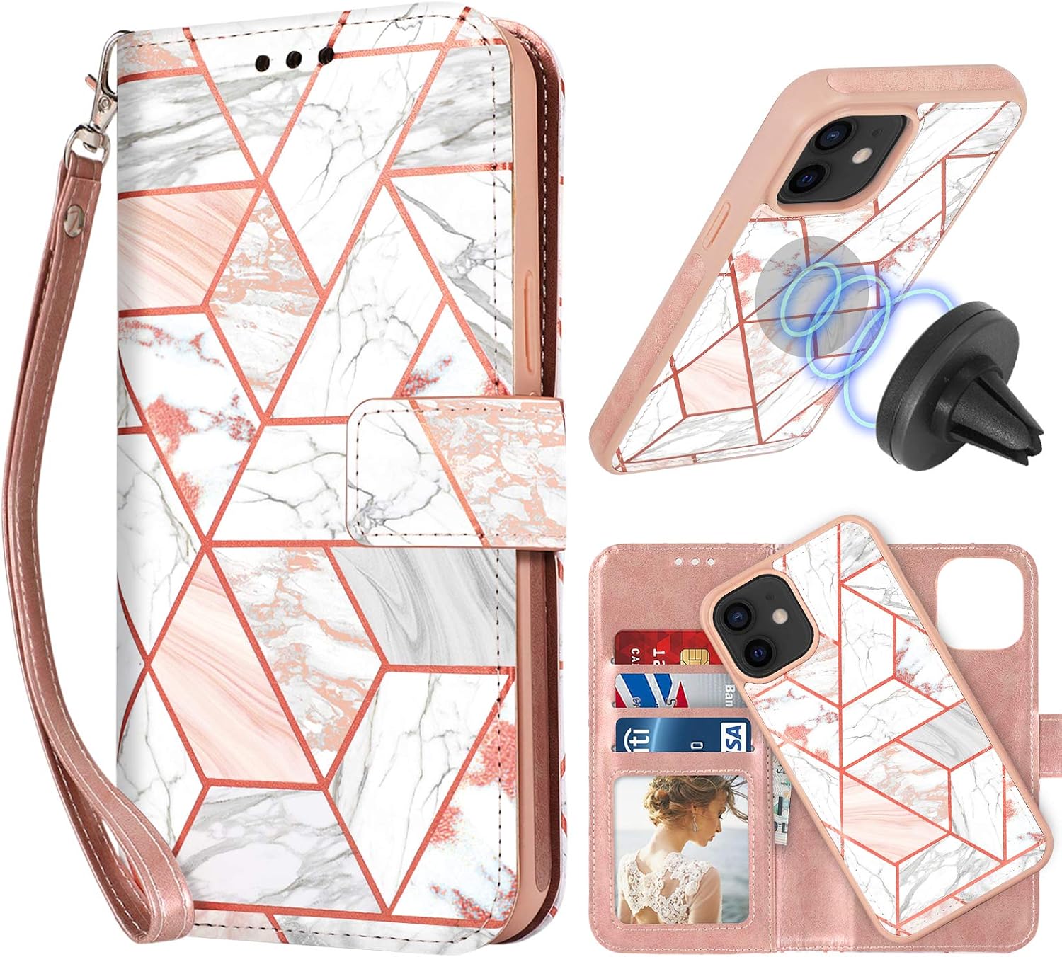 CASEOWL Compatible with iPhone 12 Case Wallet iPhone 12 Pro Wallet Case Magnetic Detachable [Support Magnetic Car Mount] Marble Pattern Leather Lanyard Wallet Case with Card Holder, Hand Strap [Pink]