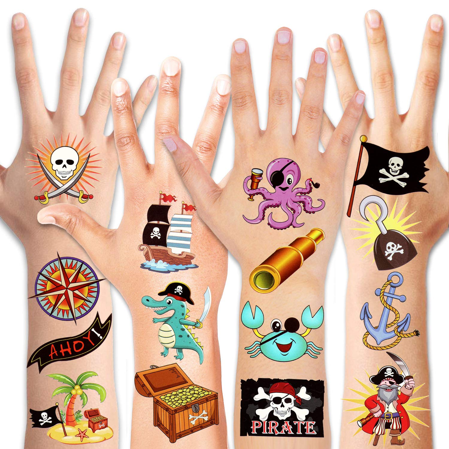 HOWAF Pirati Tatuaggi Temporanei per Bambini, 96Pcs Tatuaggio Temporaneo Falso Tatuaggi Tattoos Adesivi per Bambini Ragazze Ragazzi Regalo Pirati Festa di Compleanno Bomboniere Giocattolo