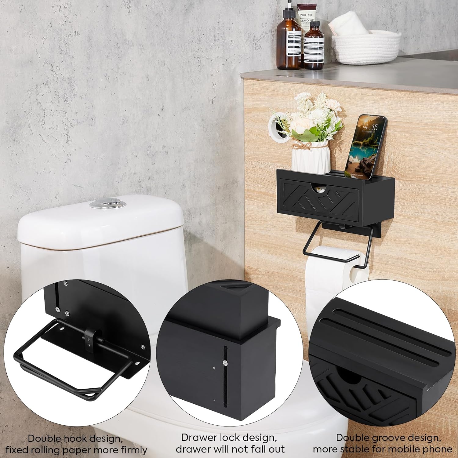 Toilet Paper Holder with Shelf, Toilet Paper Roll Holder with Storage, Adhesive/Screw Wall Mount Paper Holder, Wipes Dispenser for Bathroom, Upgrade Wooden Drawer Design Toilet Tissue Holder(Black)