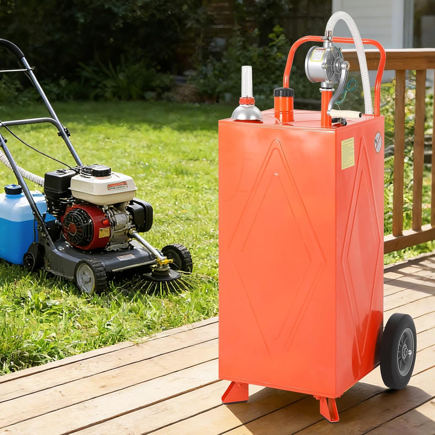 30 Gallon Fuel Gas Caddy Storage Tank, Rolling Portable Gas Caddy Fuel Transfer Tank w/ Wheels, Manual Crank Pump w/ Return Function, Fuel Hose, Vented Cap & Level Gauge, Grounding Clamp—Gasoline/Diesel for ATV, Mower, Tractor, Car, Boat