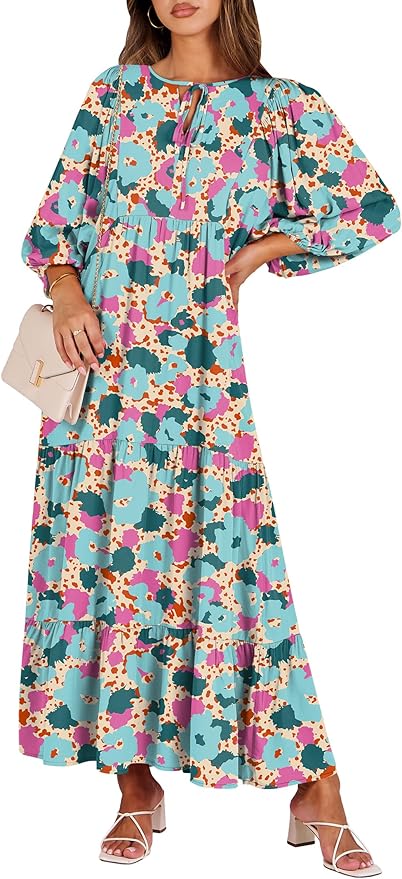 ANRABESS Women's V-Neck Long Sleeve Dress - Loose Fit Boho Spring Midi Dress  With Pockets