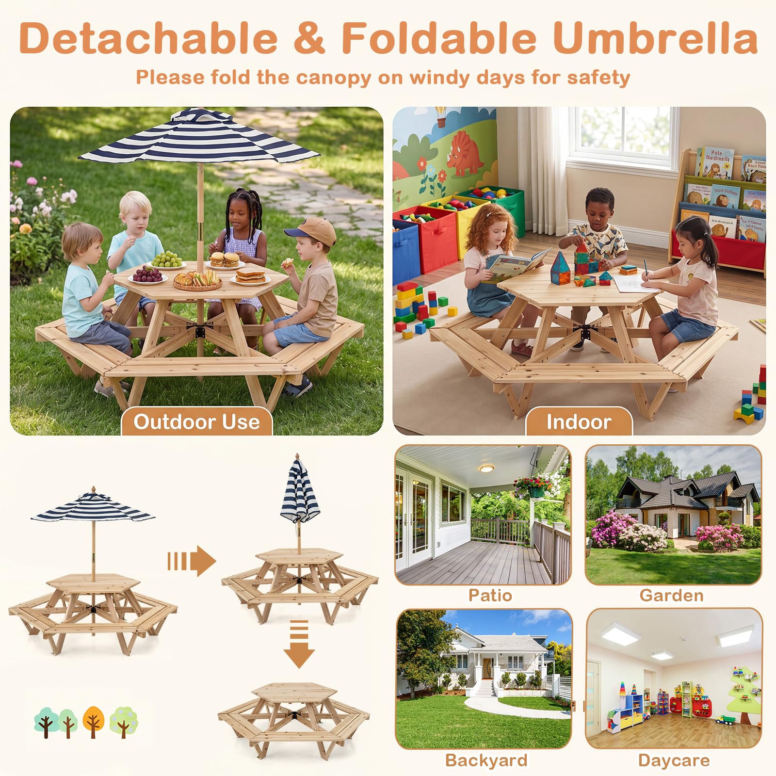 LIFEZEAL Tavolo da Picnic in Legno Massello per Bambini 3-8 Anni | Tavolino Esagonale con 6 Panche Integrate e Ombrellone Rimovibile e Regolabile, Tavolo da Campeggio per Esterno e Interno