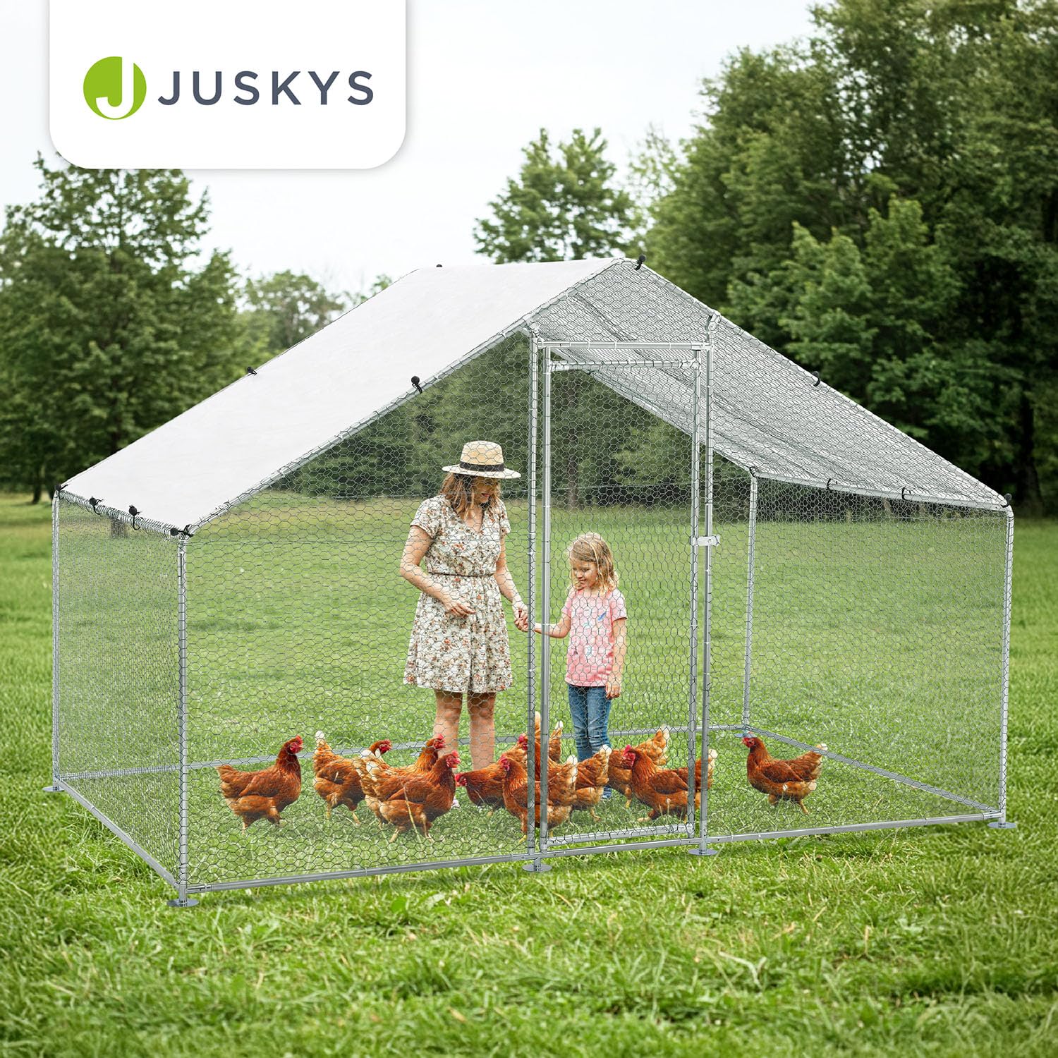 Juskys Freilaufgehege 3x2x2m - Hühnerstall aus Metall begehbar mit 6 m² Lauffläche, Tür & Riegel - Freigehege für Hühner, Kleintiere & Pflanzen