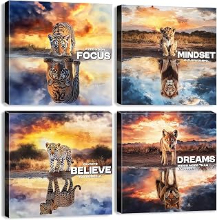 Lion Inspirational Wall Art Animal Motivational Wall Decor Entrepreneur Positive Quote Office Decor Mindset is Everything Posters Tiger Wolf Canvas Artwork Living Room Bedroom Decorations 12x12" 4Pcs