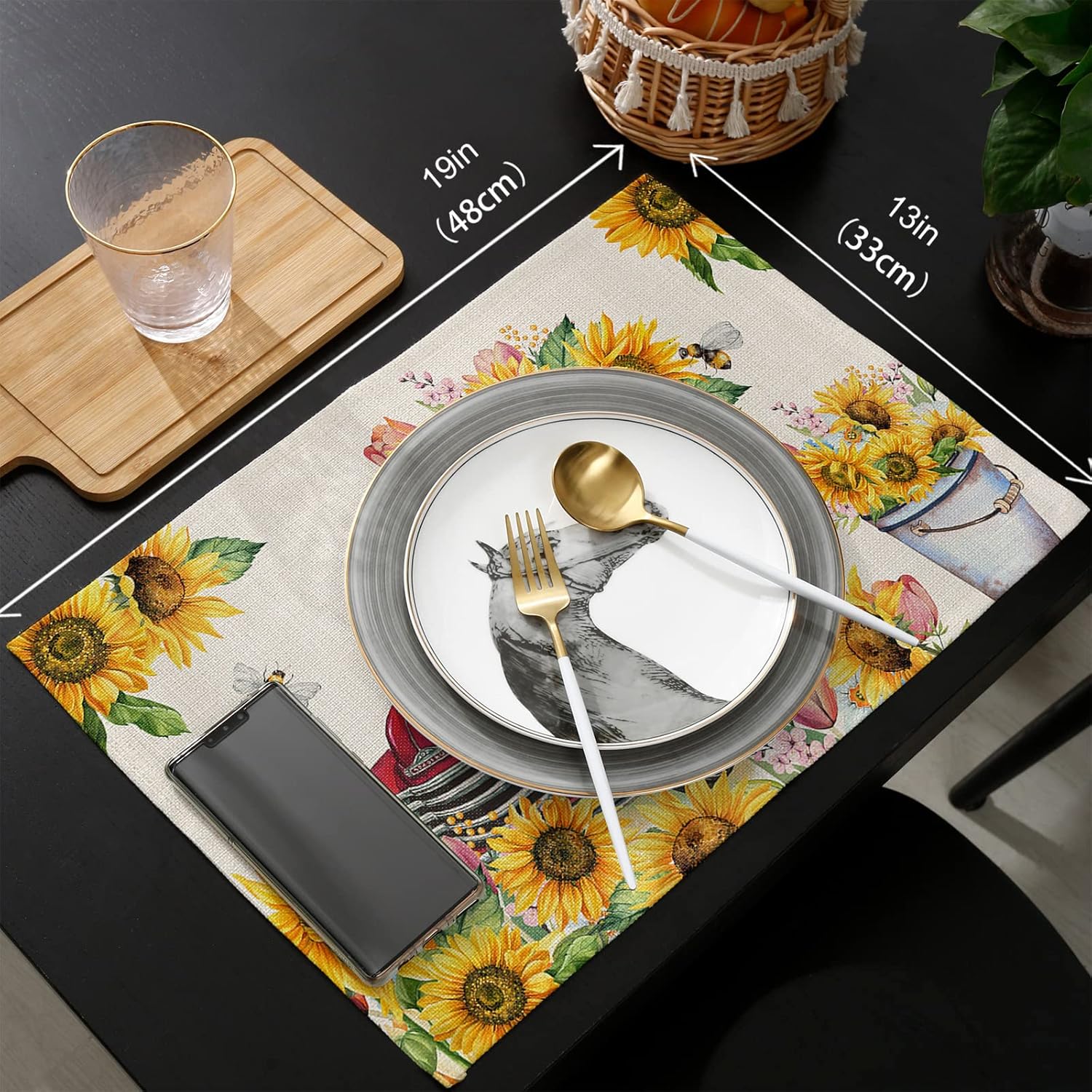 Table Runner with Placemats Set of 6, Red Truck with Sunflowers Vintage Country Style Cotton Linen Table Mats Sets, Placemats with Matching Table Runner for Dining Table, Kitchen, 72” x 16”