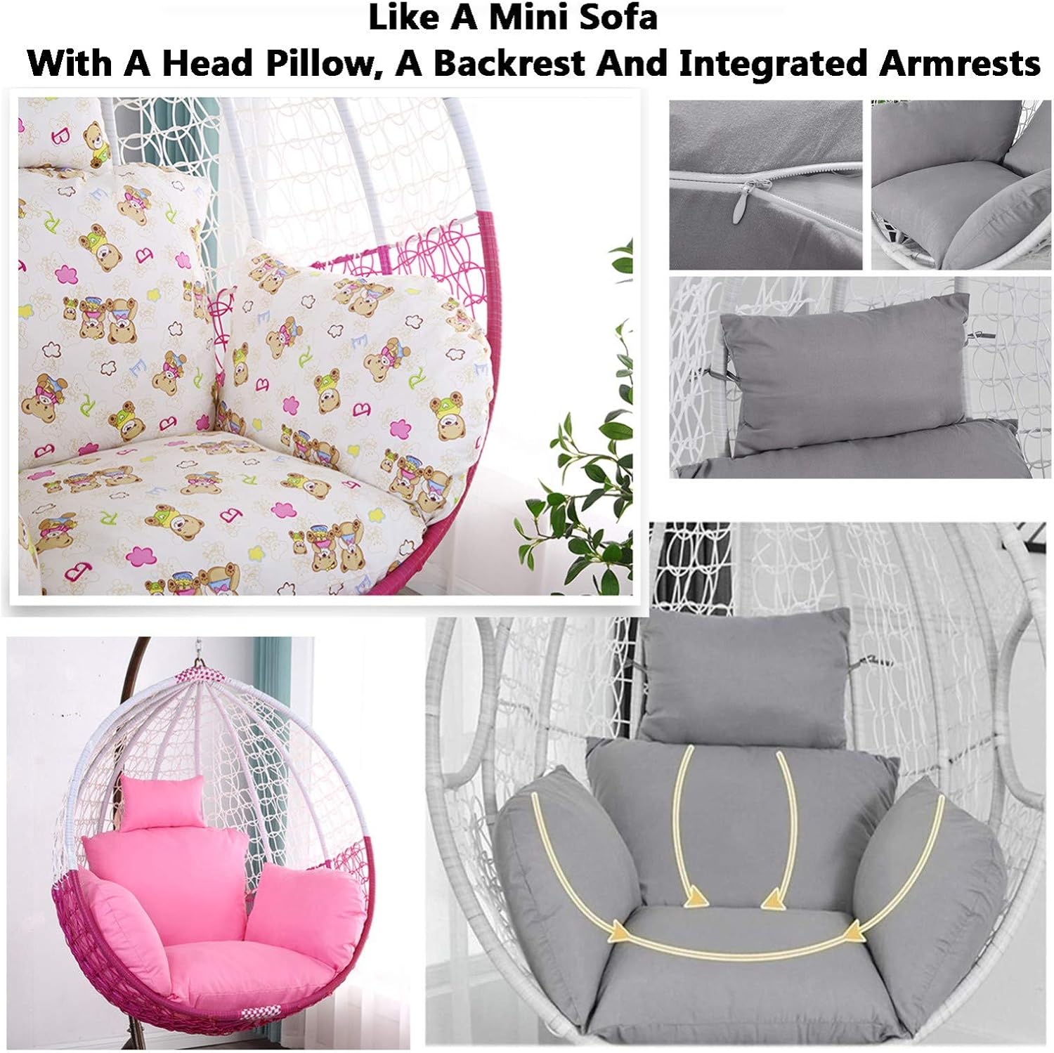 Egg Chair Cushion Only, Hanging Swing Chair Seat Cushion Replacement, Thicken Hanging Hammock Chair Cushion with Headrest and Armrests, Outdoor Garden Chair Pads Triang HGTRH