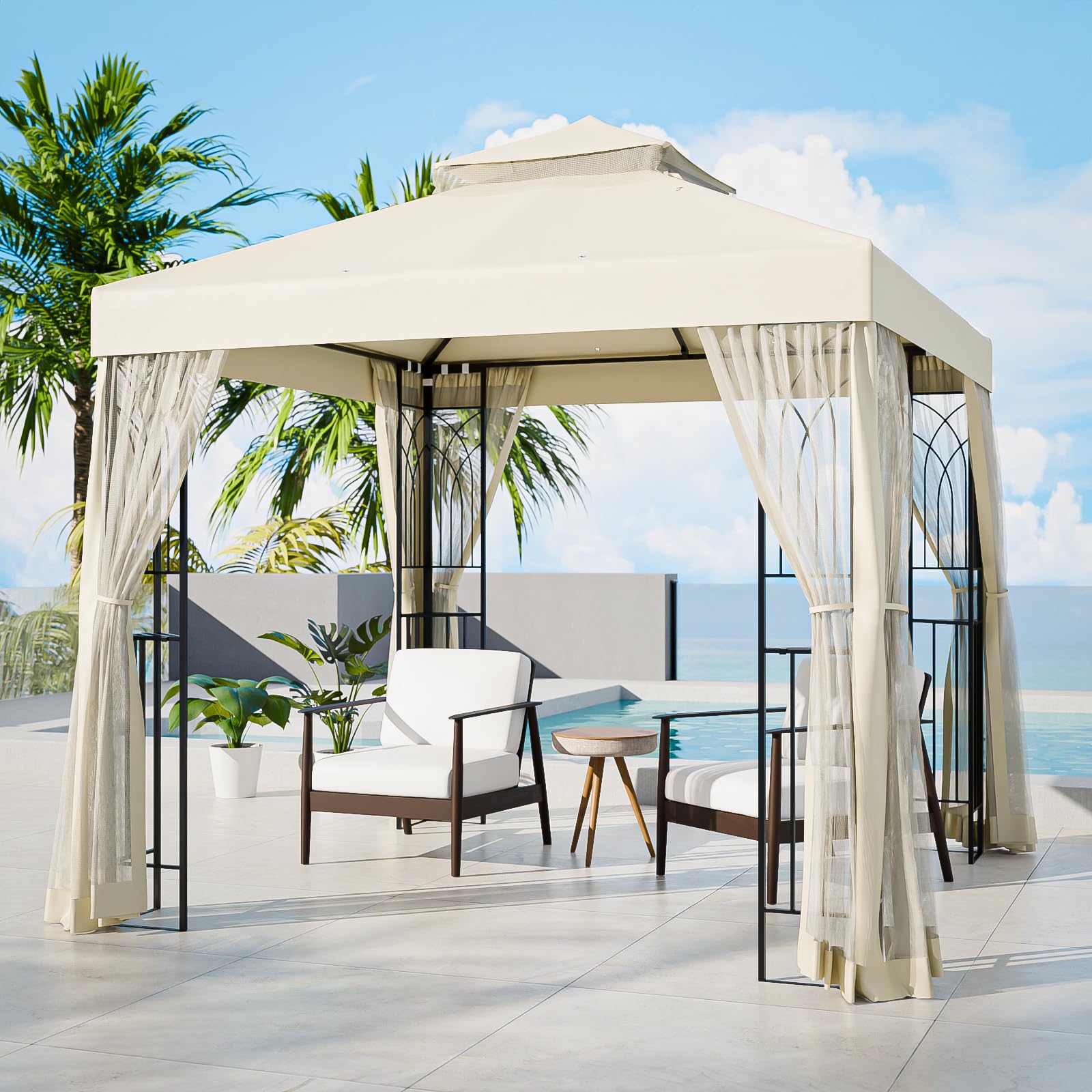 (similar to stock photo)(incomplete box 2 of 3 ) COOS BAY 8x8 Outdoor Patio Gazebo with Netting and Corner Shelves, Two-Tier Soft Top Canopy for Backyard, Lawn, Deck and Garden, Beige