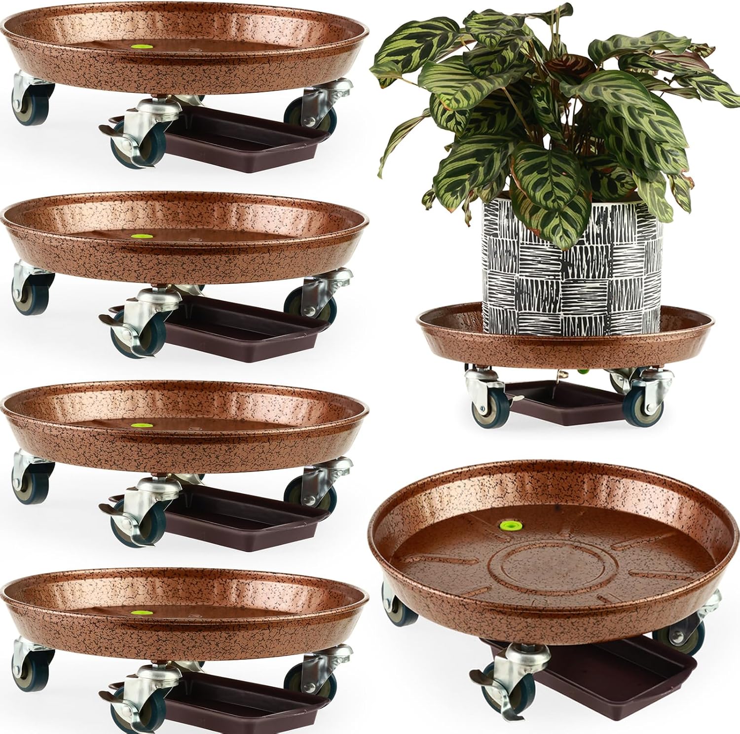 5 Packs Metal Plant Caddy with Wheels 12 Inch Rolling Plant Stand with Wheels Plant Dolly with Drain Tray Outdoor Big Plant Holder Plant Roller Cart, Copper