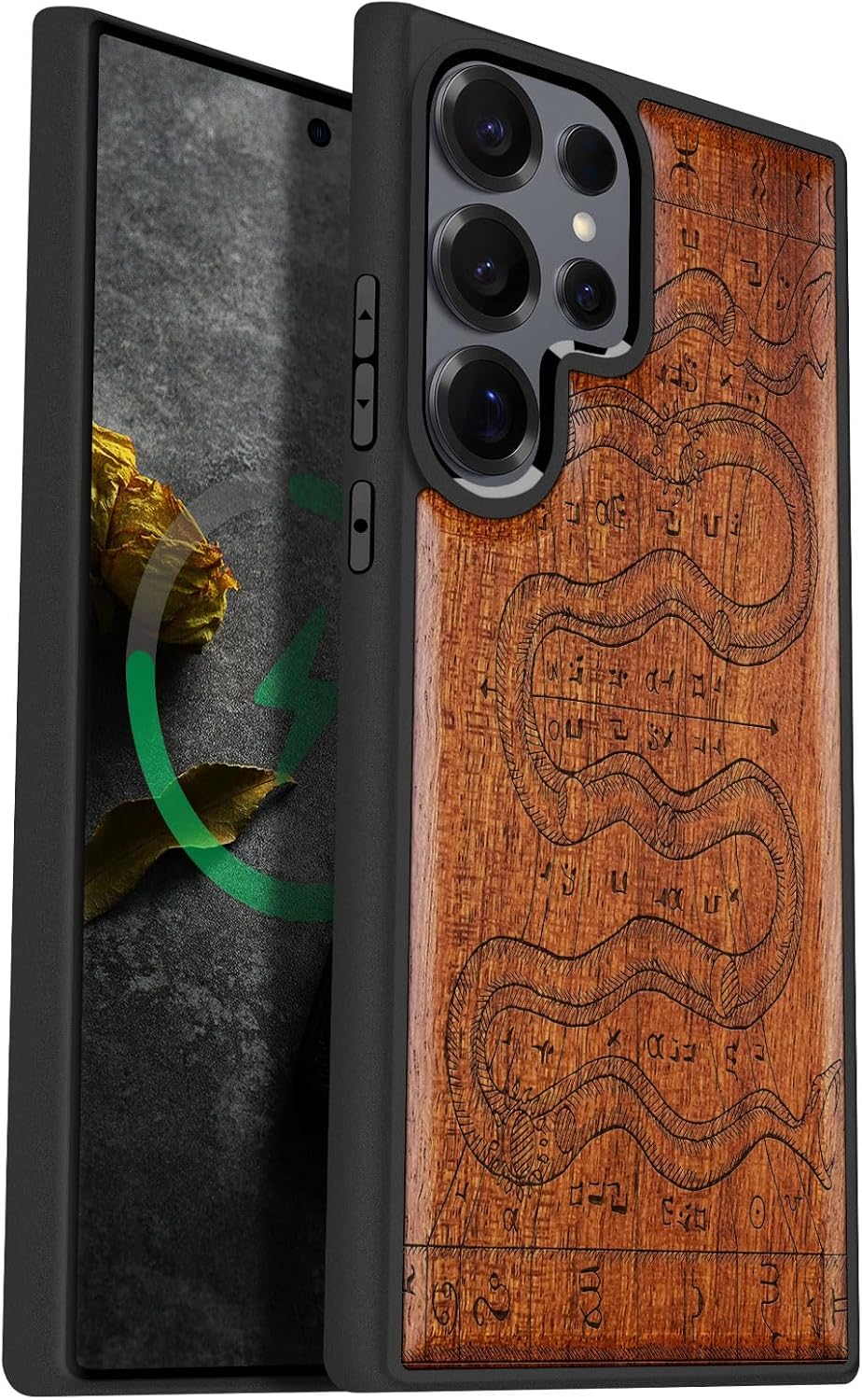 Carveit Magnetic Wooden Case for Samsung Galaxy S25 Ultra Case 2025, TPU Shockproof Cover & Wood Artisan Engraved, Compatible with MagSafe Wireless Chargers (Gothic Serpent Time) Rosy