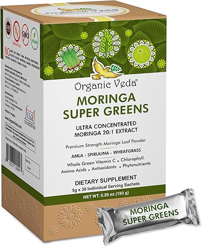 Organic Veda Moringa Powder Super Greens - 20 X Extracto concentrado de hoja de moringa con amla, pasto de trigo, espirulina, clorofila para té,