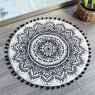 Uphome Small Round Rug 2’ Boho Beige and Black Bathroom Rug with Pom Poms Fringe Washable Mandala Circle Shower Mat Soft Non-Slip Cute Circular Throw Rug for Sink Powder Room Kids Room Nursery