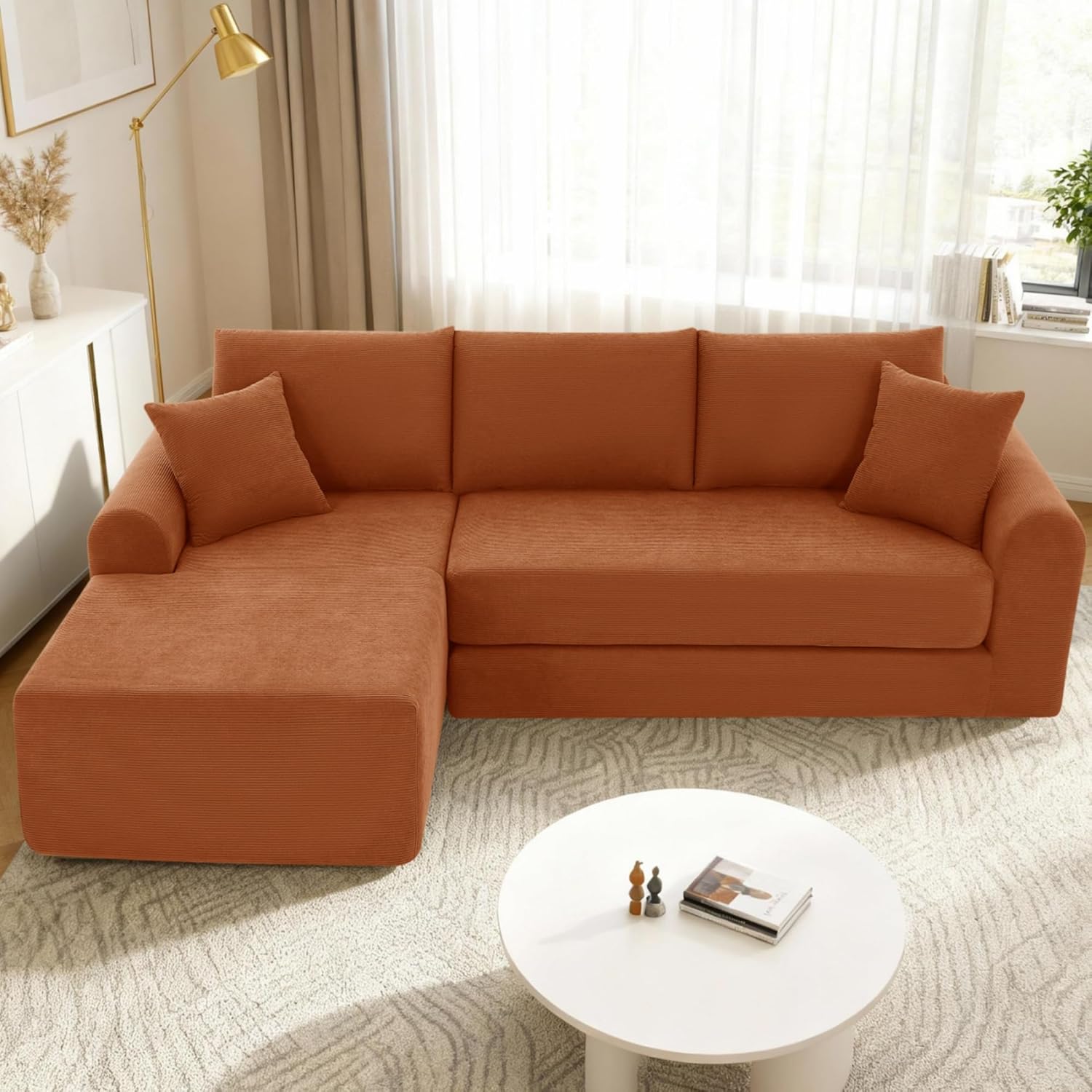 GJQ Modular Sectional Sofa with Chaise, Cloud Sectional Couch with Deep Seat, Modular L-Shape Sofa Corduroy Boneless Couch for Living Room,Bedroom,No Assembly Required(Orange, Left Facing Chaise)