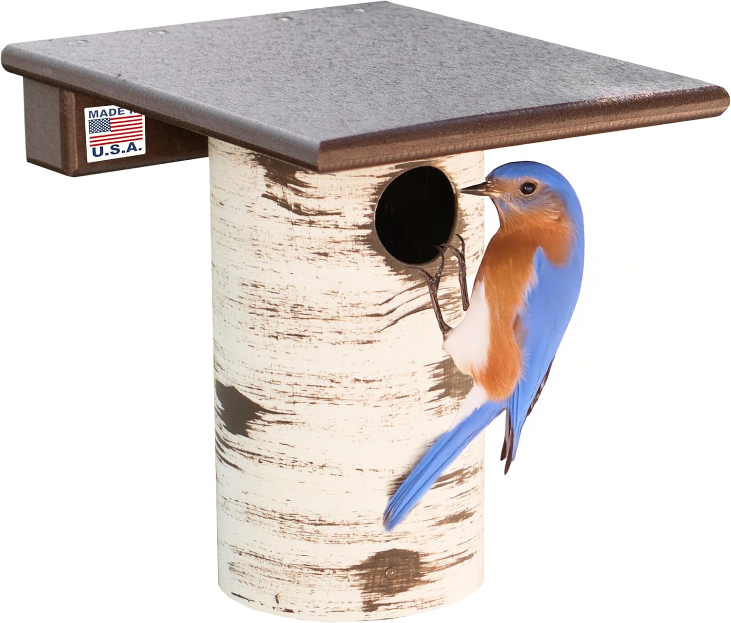 A tan and blue Poly-Tuf Recycled Bluebird House