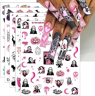 JMEOWIO 9 Sheets Halloween Nail Art Stickers Decals Self-Adhesive Horror Skull Cute Ghost Witchy Spider Web Bat Pumpkin Spook Pink Nail Supplies Nail Art Design Decoration Accessories