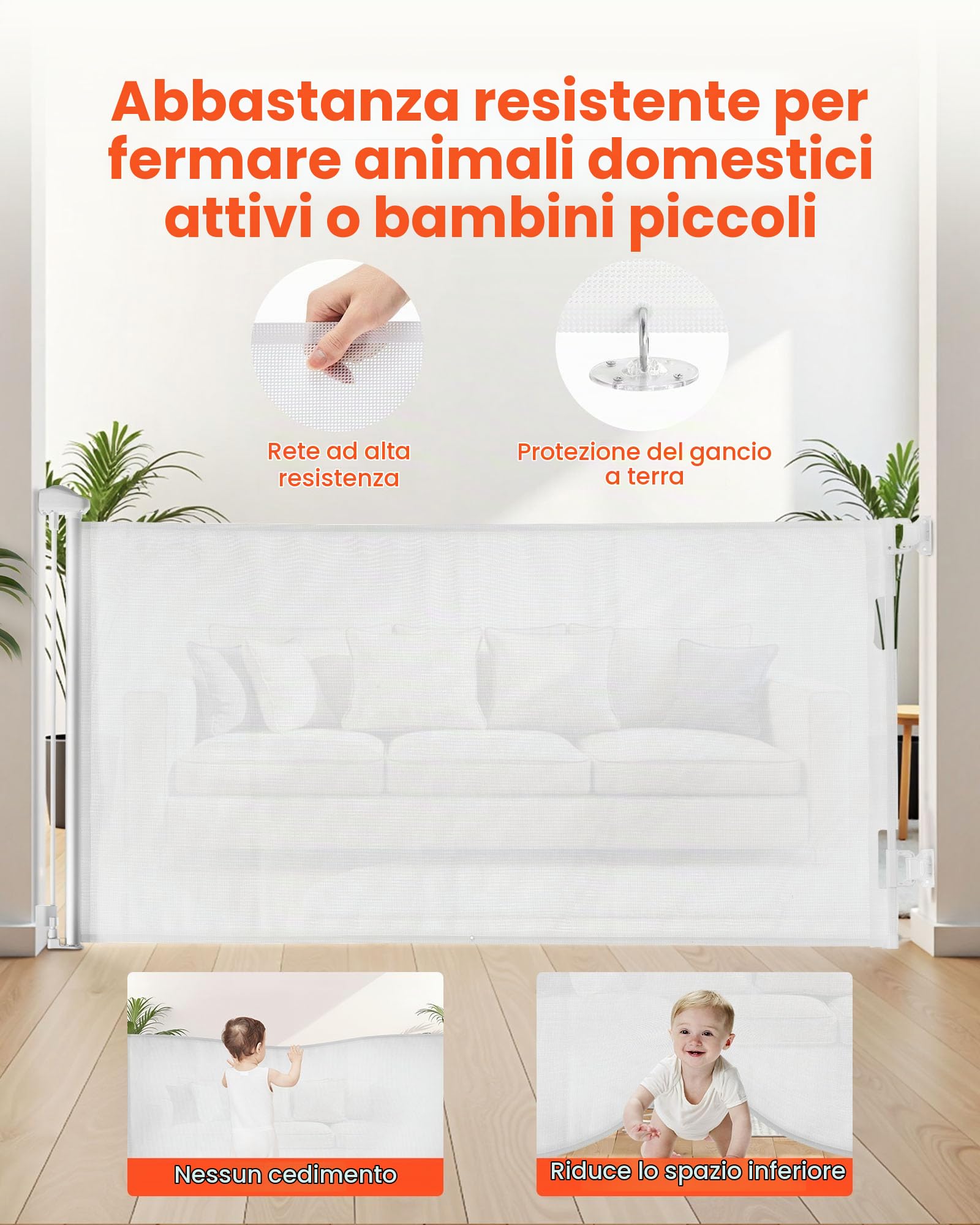 VEVOR Cancelletto Retrattile, Estensibile Fino a 1430 mm di Larghezza, 795 mm di Altezza, con Blocco di Sicurezza, Attraversabile Senza Inciampare, Cancelletto in Rete per Cani Scale, Bianco
